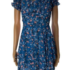 Women Bohemian Gauze Romper Large Blue Orange Floral Off Th Shoulder Lined